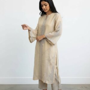 Beige Embroidered 2-piece Cotton-net Suit