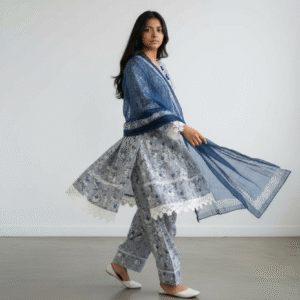 Blue Printed 3-piece Cotton Farshi-shalwar Suit