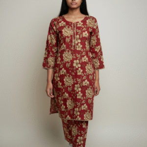 Maroon Floral Printed 2-piece Cotton co-ord Set