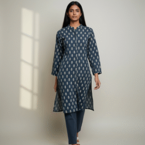 Blue-Grey Block Printed Cotton 2-piece Suit