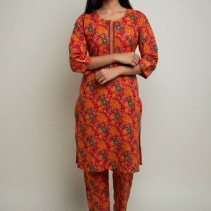 Orange Floral Printed Cotton Co-ord Set