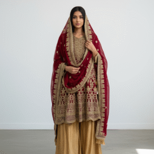 Maroon and Gold Embroidered Formal Sharara Set