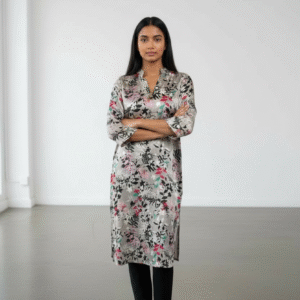 light Gray Floral Printed Silk Satin Suit