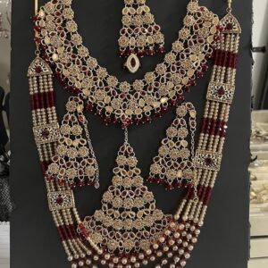 Heavy Gold Plated & Maroon Stone Complete Bridal Jewelry Set (Necklace, Earrings, Tikka)