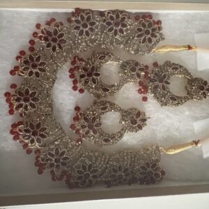 Crimson Sparkle: Ruby Red Beaded Choker & Jhumka Set